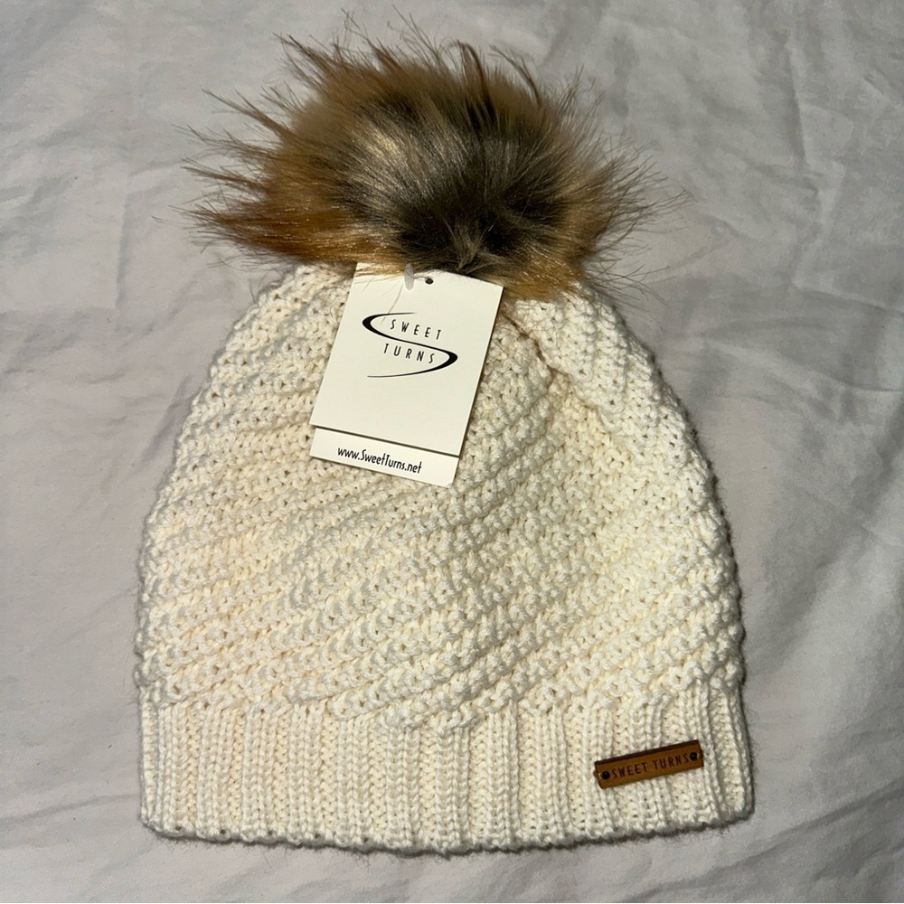 Sweet Turns Cream Knit Beanie with Faux Fur Pom